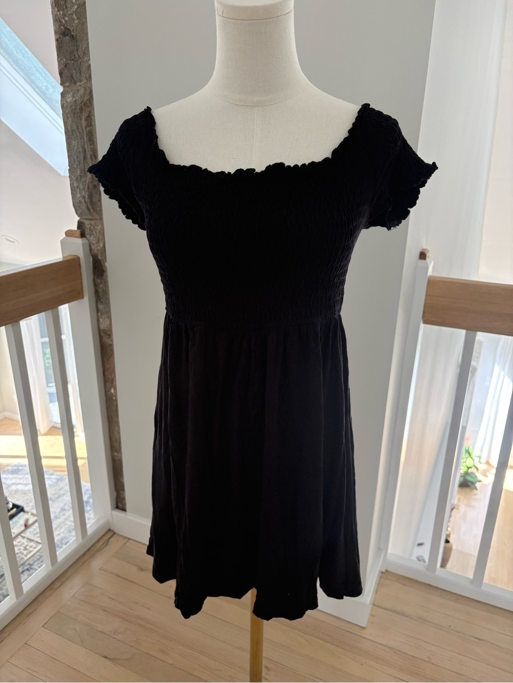 ASOS Black Smocked Off The Shoulder Mini Dress with Ruffled Sleeves